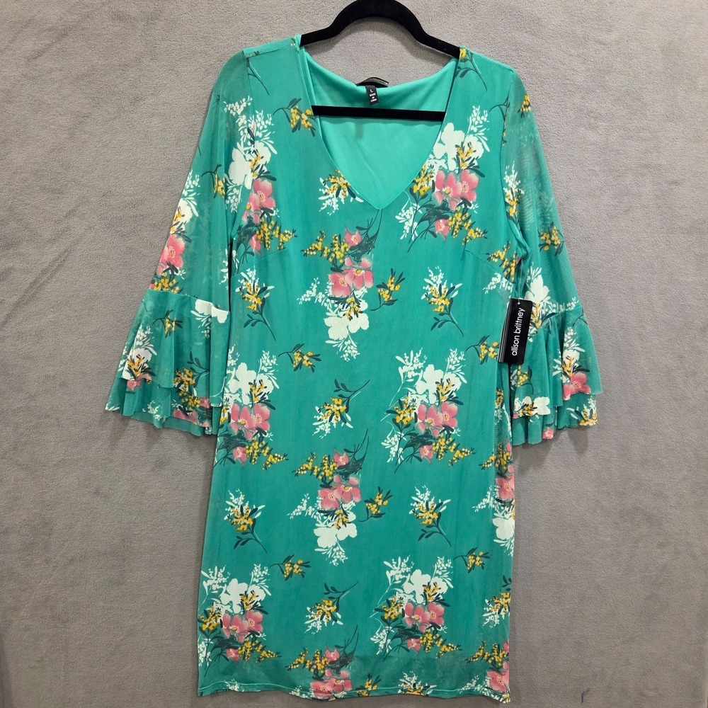 NWT Allison Brittney Floral Sheer Midi Dress Womens Size Large Bell Sleeve Lined